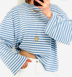 DIE SCHMIEDE -  S.Jolie Long Shirt White & Blue Stripes